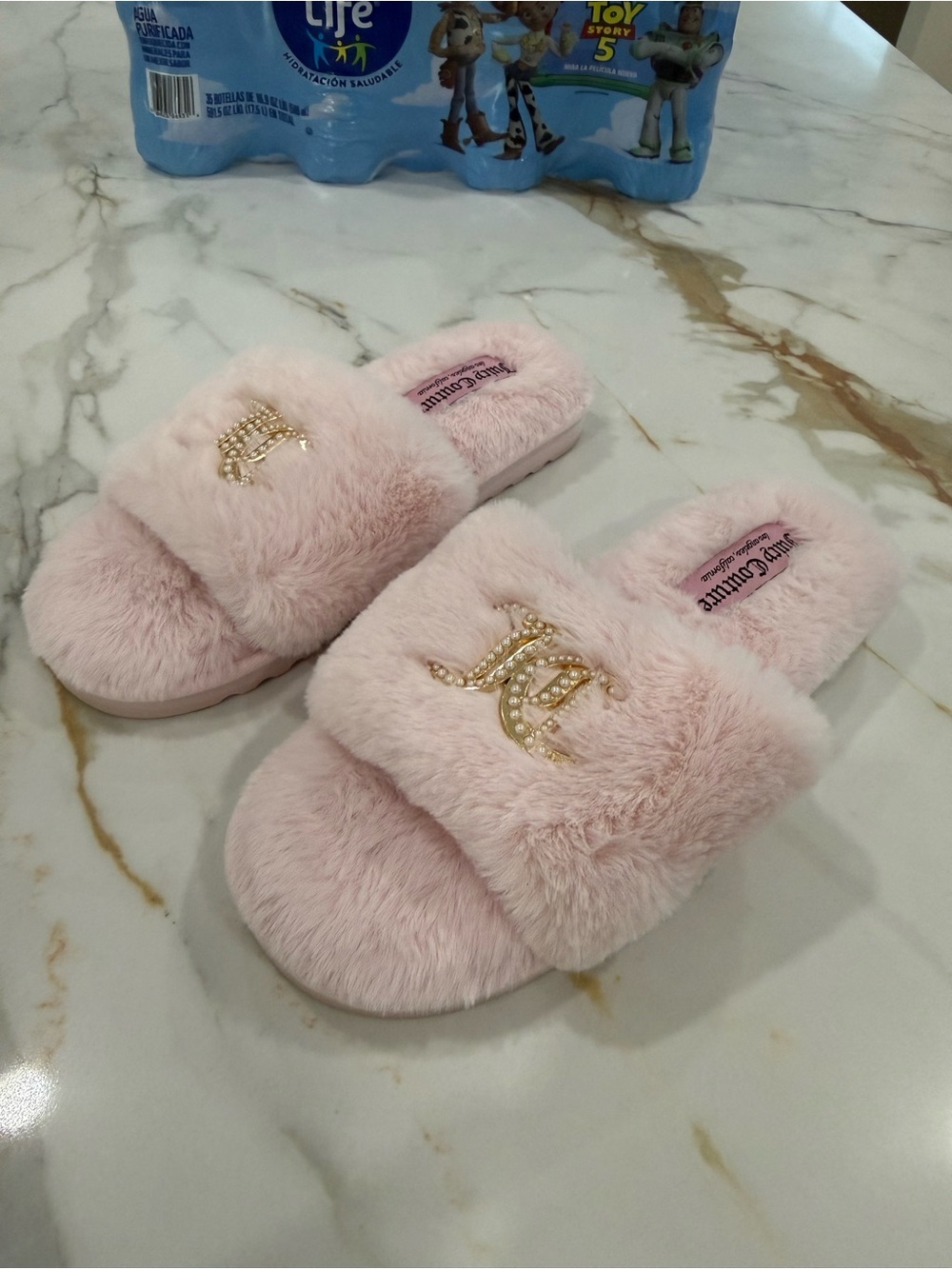 Juicy Couture Pale Pink Faux-Fur Slide Slippers with Gold Jeweled Logo